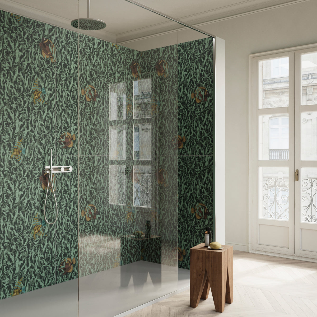 Aquatic Creatures Seaweed di Ceramica Bardelli applicata nella zona doccia